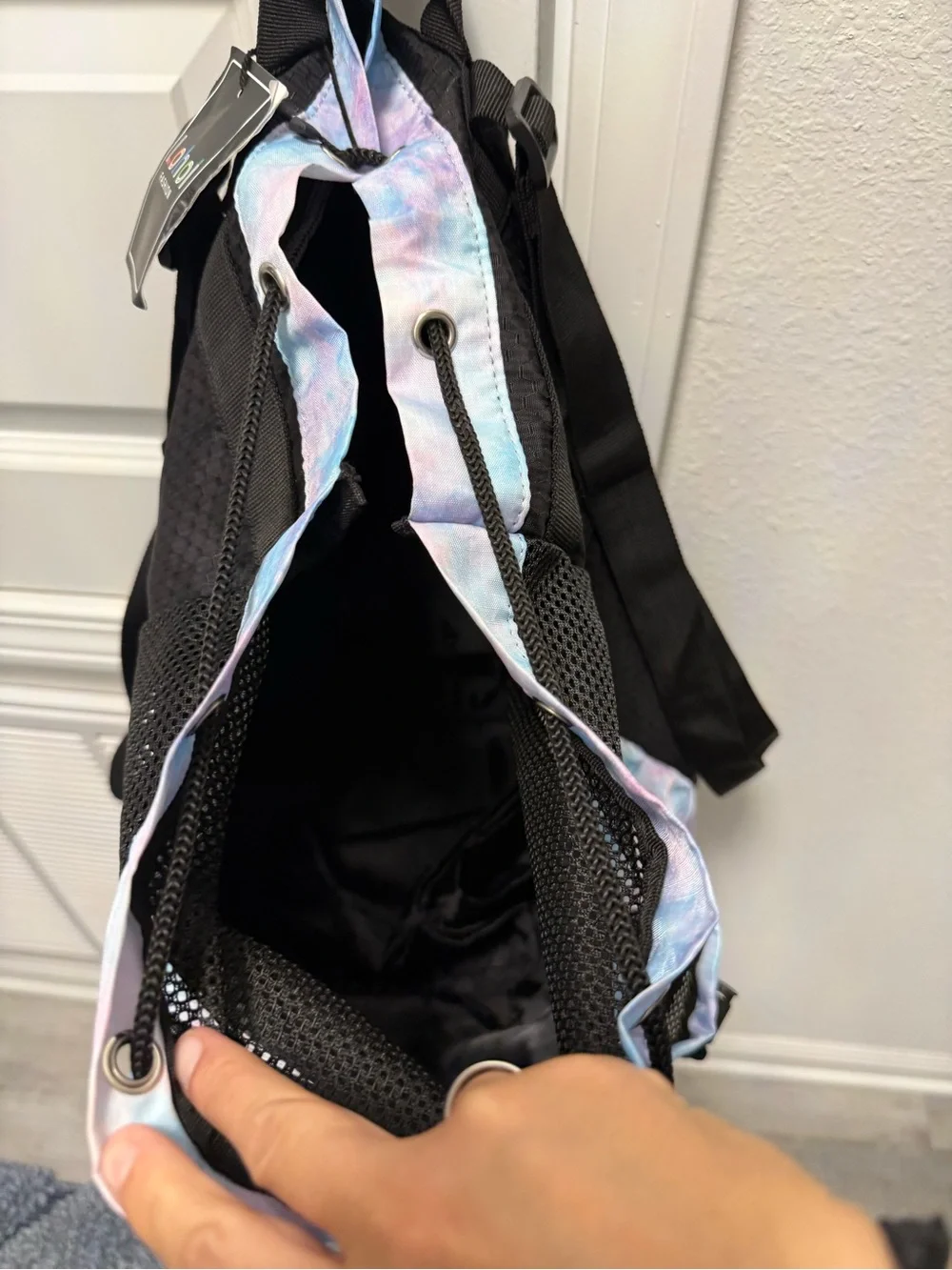 Mesh Drawstring Backpack for Women - Pastel Tie-Dye Black Accent